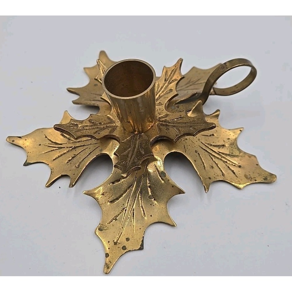 Vintage Christmas Solid Brass Candlestick Holder Holly Leaves With Handle India